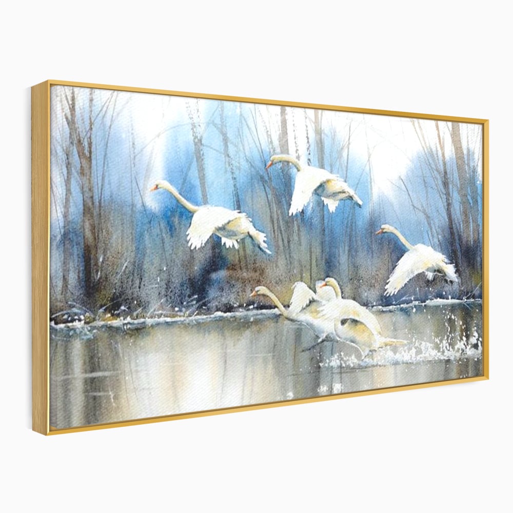 Tablou canvas cu pictura cu lebede pe apa, in rama de aluminiu auriu